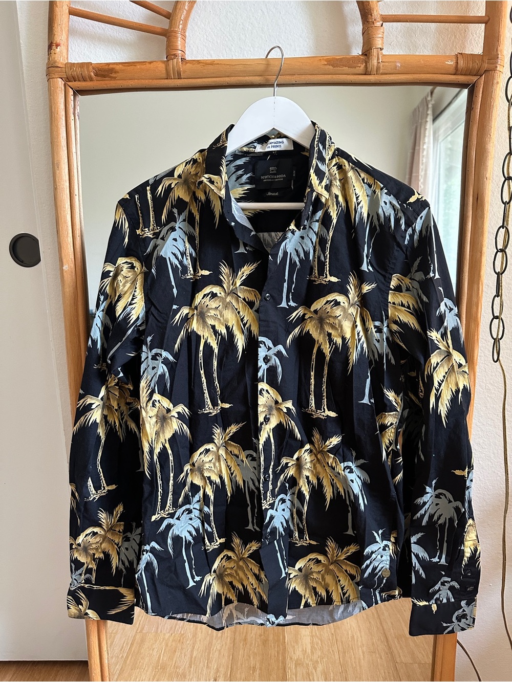 Scotch & Soda Black Button-Down Shirt with Gold & Light Blue Palm Print